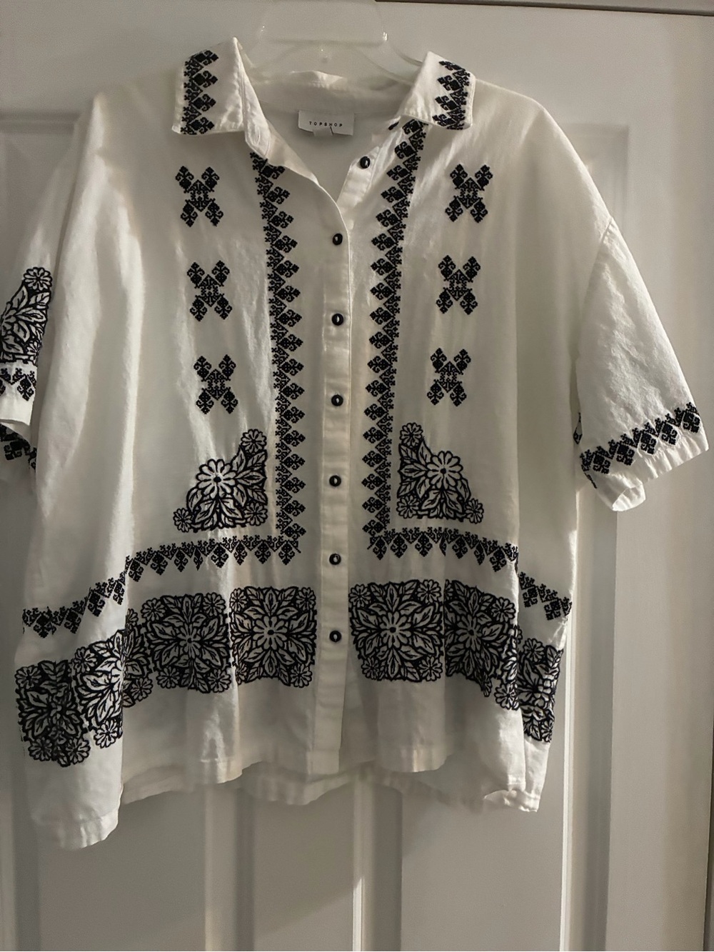Topshop White Button-Down Shirt with Black Embroidery